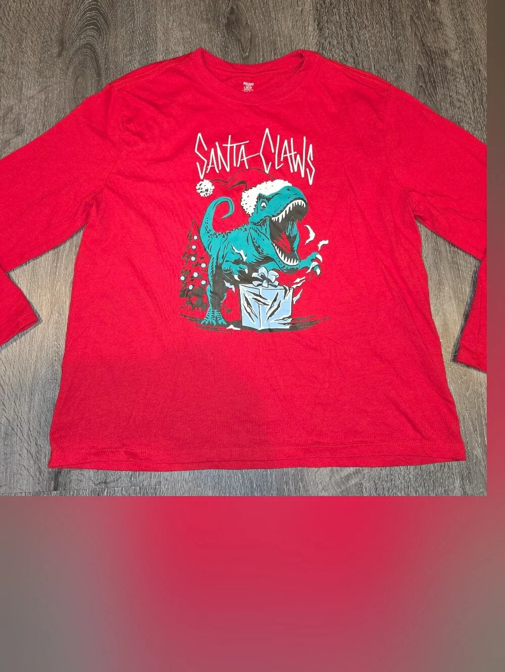 Holiday Time Red Long Sleeve Tee with Teal Dinosaur Santa Graphic